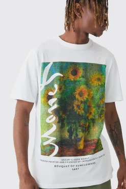 Tall Monet Sunflower Printed Licensed T-shirt In White | BoohooMAN UK