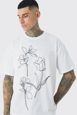 Tall Mono Abstract Floral Printed T-shirt In White | BoohooMAN UK
