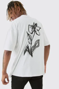 Tall Mono Floral Back Print T-shirt In White | BoohooMAN UK