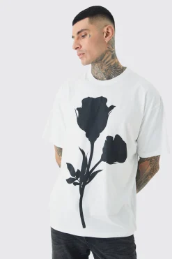 Tall Mono Placement Floral Printed T-shirt In White | BoohooMAN UK