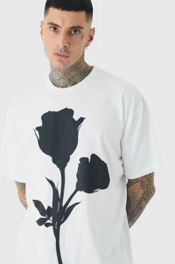 Tall Mono Placement Floral Printed T-shirt In White | BoohooMAN UK