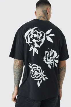 Tall Mono Rose Floral Back Print T-shirt In Black | BoohooMAN UK