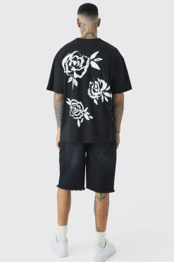 Tall Mono Rose Floral Back Print T-shirt In Black | BoohooMAN UK