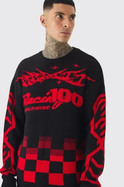 Tall Moto Crew Neck Knitted Jumper In Black | BoohooMAN UK
