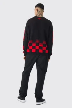 Tall Moto Crew Neck Knitted Jumper In Black | BoohooMAN UK
