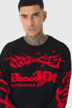 Tall Moto Crew Neck Knitted Jumper In Black | BoohooMAN UK