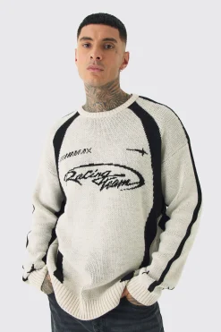 Tall Moto Crew Neck Knitted Jumper In Ecru | BoohooMAN UK