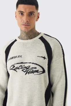 Tall Moto Crew Neck Knitted Jumper In Ecru | BoohooMAN UK