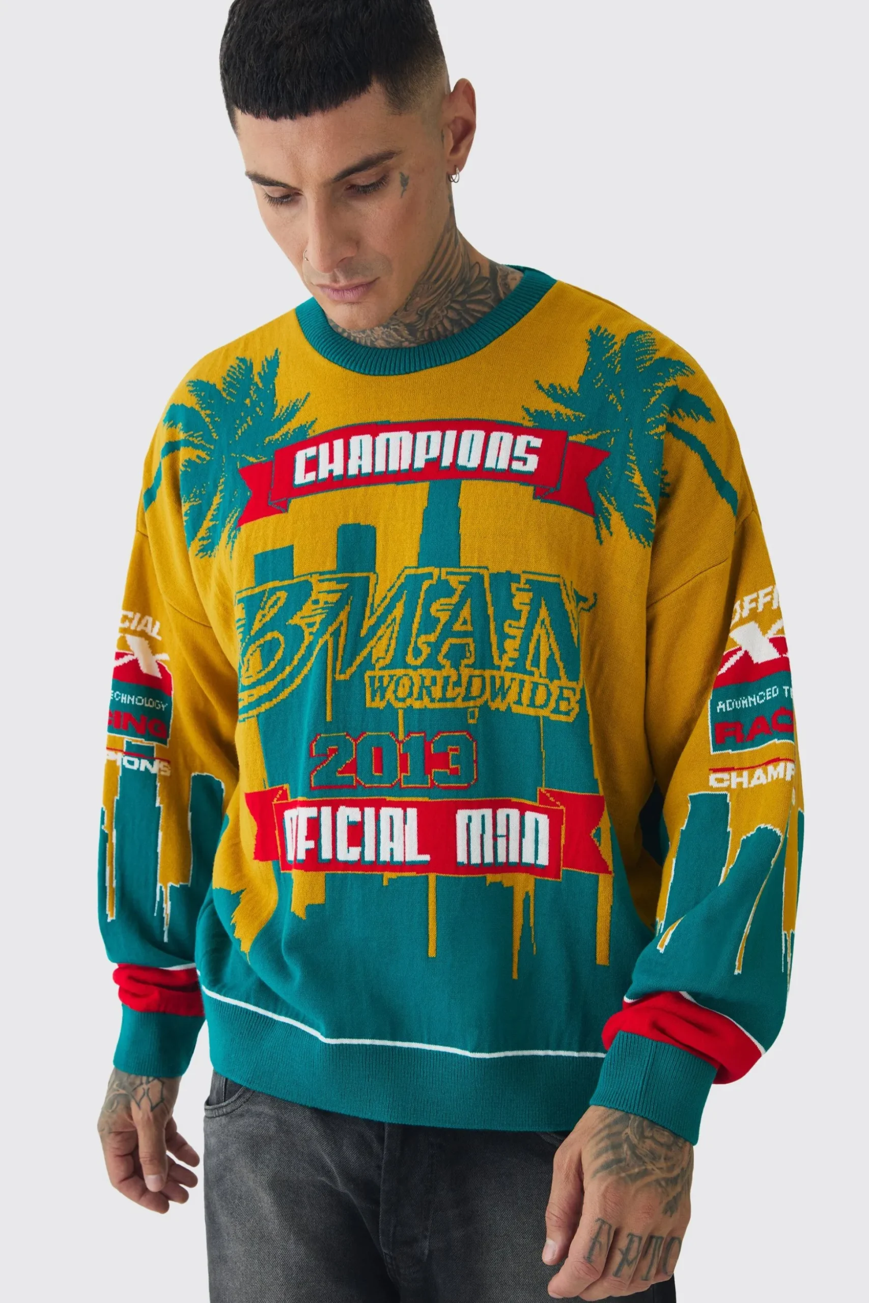 Tall Moto Graphic Knitted Sweatshirt | BoohooMAN UK