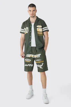 Tall Moto Print Shirt & Short Set In Khaki | BoohooMAN UK
