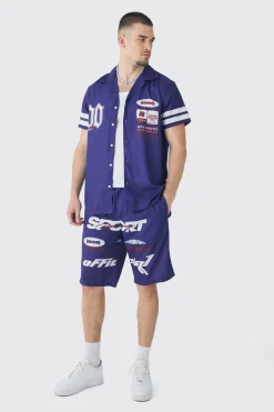 Tall Moto Print Shirt & Short Set In Navy | BoohooMAN UK