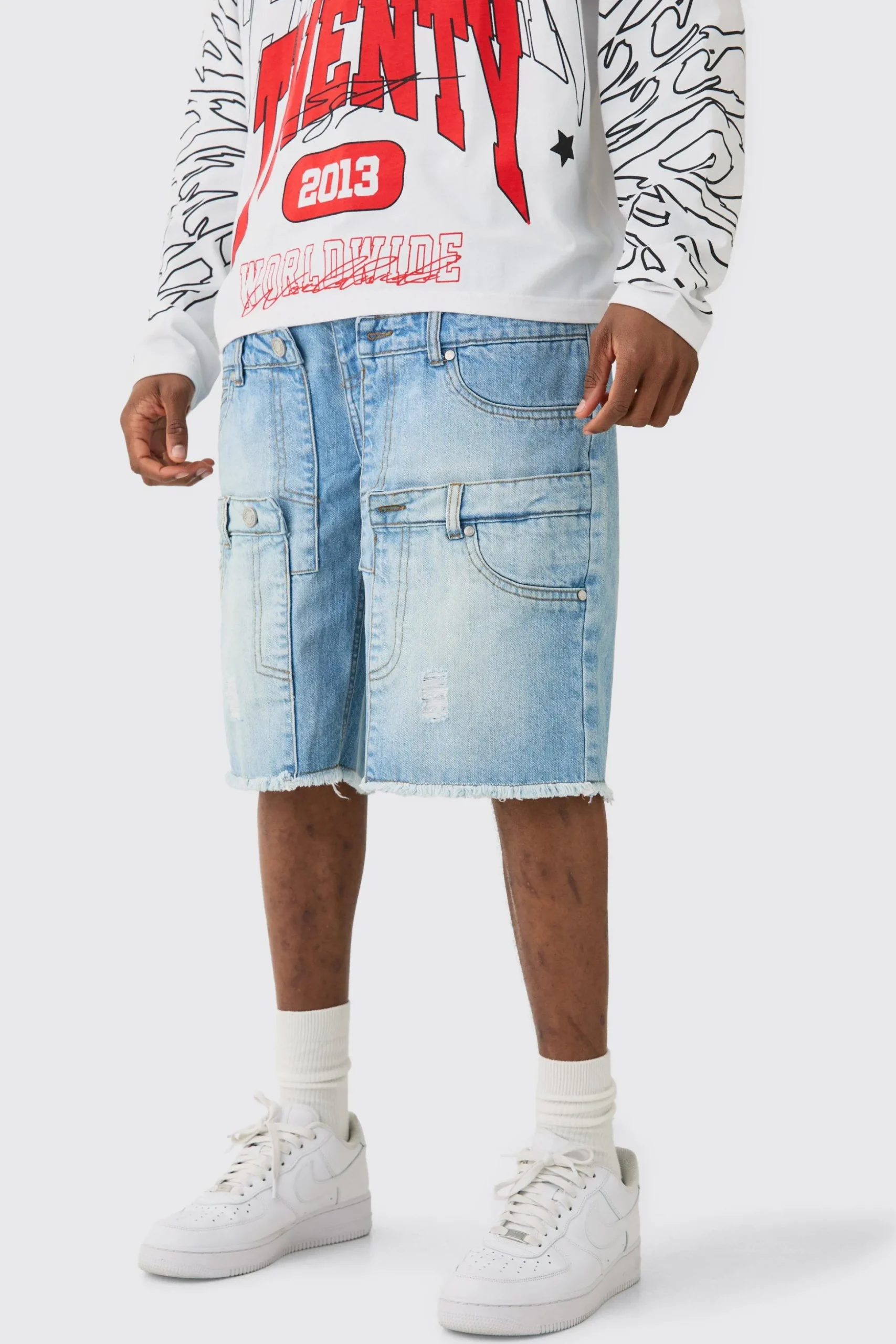 Tall Multi Waistband Relaxed Fit Denim Shorts | BoohooMAN UK