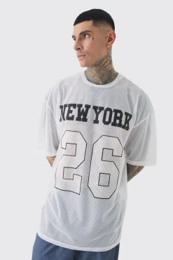 Tall New York Printed Mesh Basketball T-shirt In White | BoohooMAN UK