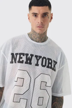 Tall New York Printed Mesh Basketball T-shirt In White | BoohooMAN UK