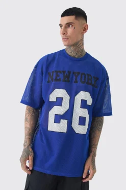 Tall New York Printed Mesh Varsity T-shirt In Blue | BoohooMAN UK