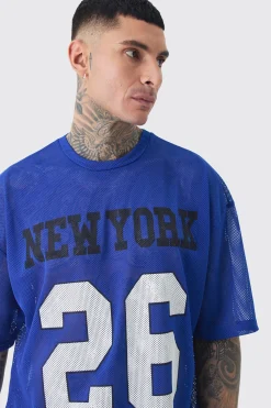 Tall New York Printed Mesh Varsity T-shirt In Blue | BoohooMAN UK
