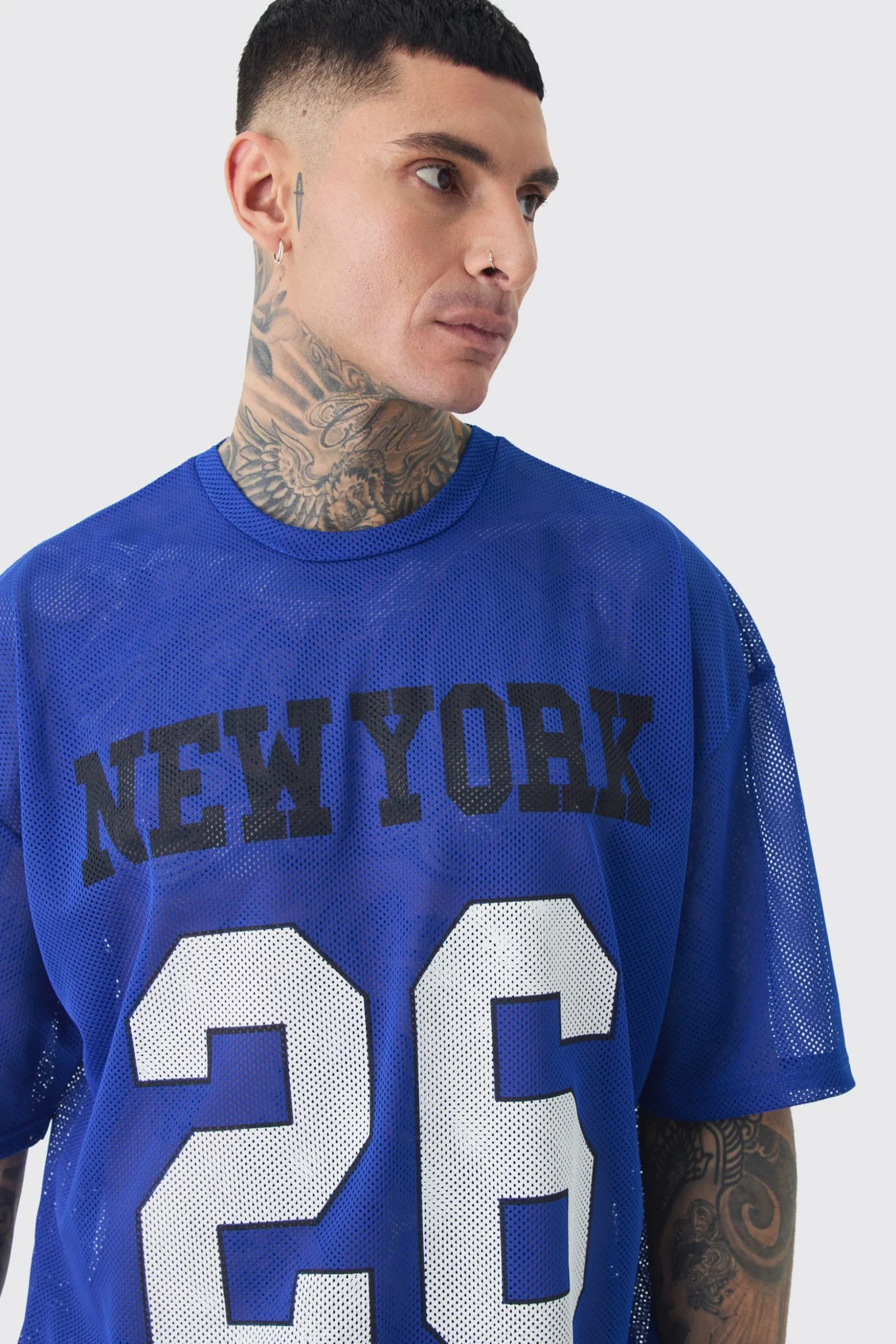Tall New York Printed Mesh Varsity T-shirt In Blue | BoohooMAN UK