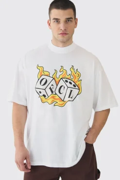 Tall OFCL Flame Dice Printed Extended Neck T-Shirt | BoohooMAN UK