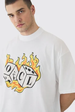 Tall OFCL Flame Dice Printed Extended Neck T-Shirt | BoohooMAN UK