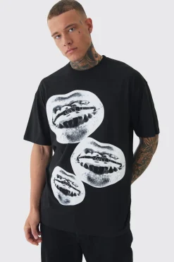 Tall OFCL Lips Printed T-shirt In Black | BoohooMAN UK