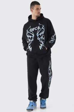 Tall OFCL Print Oversized Tracksuit In Black | BoohooMAN UK