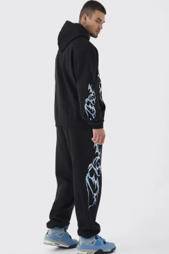 Tall OFCL Print Oversized Tracksuit In Black | BoohooMAN UK