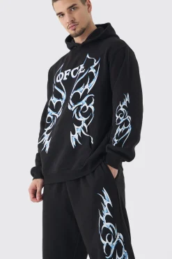 Tall OFCL Print Oversized Tracksuit In Black | BoohooMAN UK