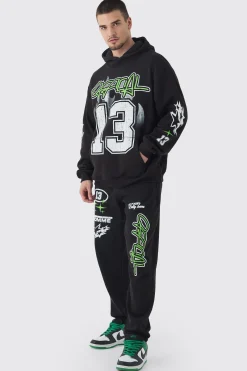 Tall Official 13 Print Oversized Tracksuit In Black | BoohooMAN UK