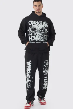 Tall Official Homme Skull Print Oversized Tracksuit In Black | BoohooMAN UK