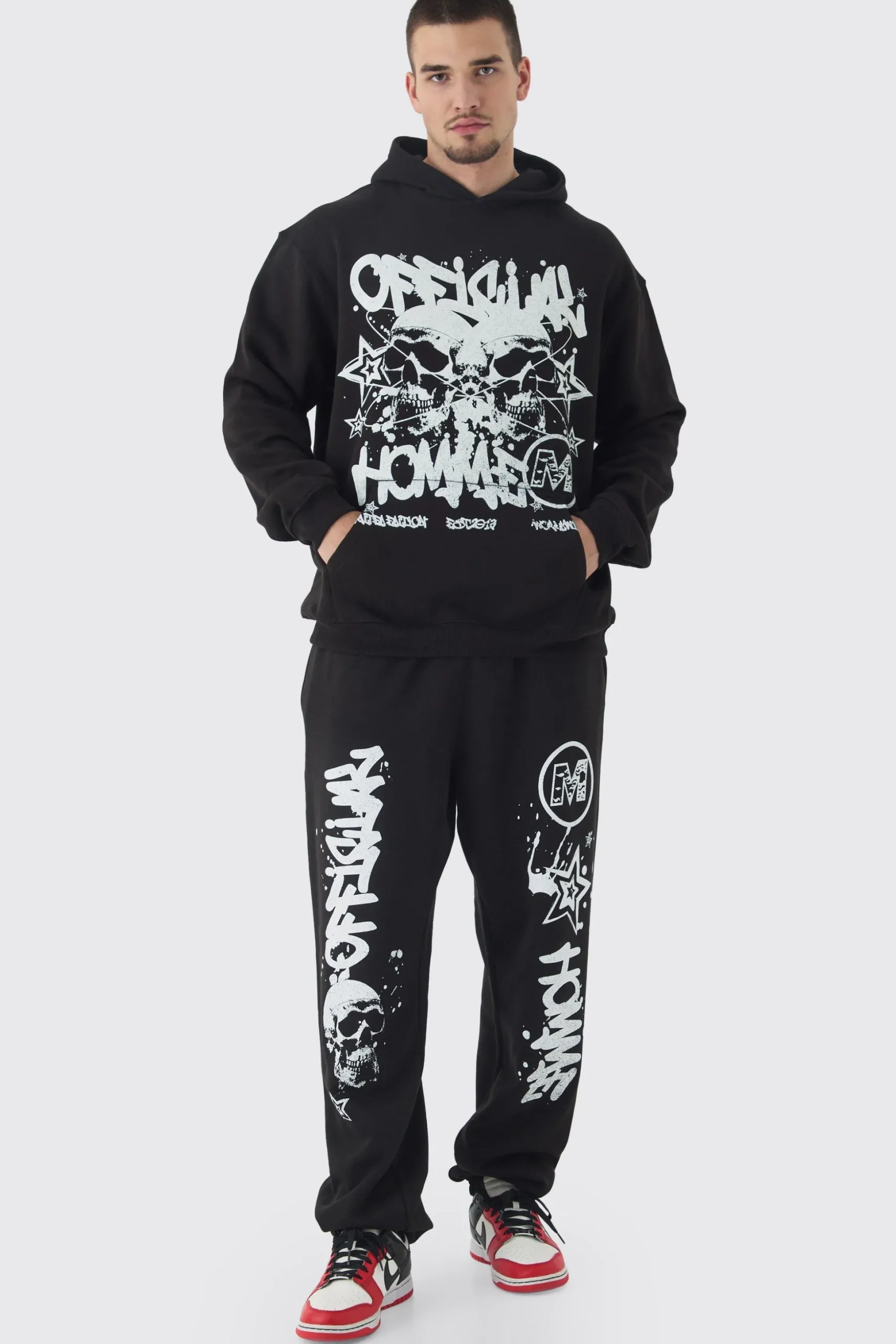 Tall Official Homme Skull Print Oversized Tracksuit In Black | BoohooMAN UK