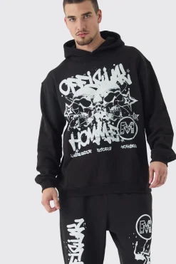 Tall Official Homme Skull Print Oversized Tracksuit In Black | BoohooMAN UK
