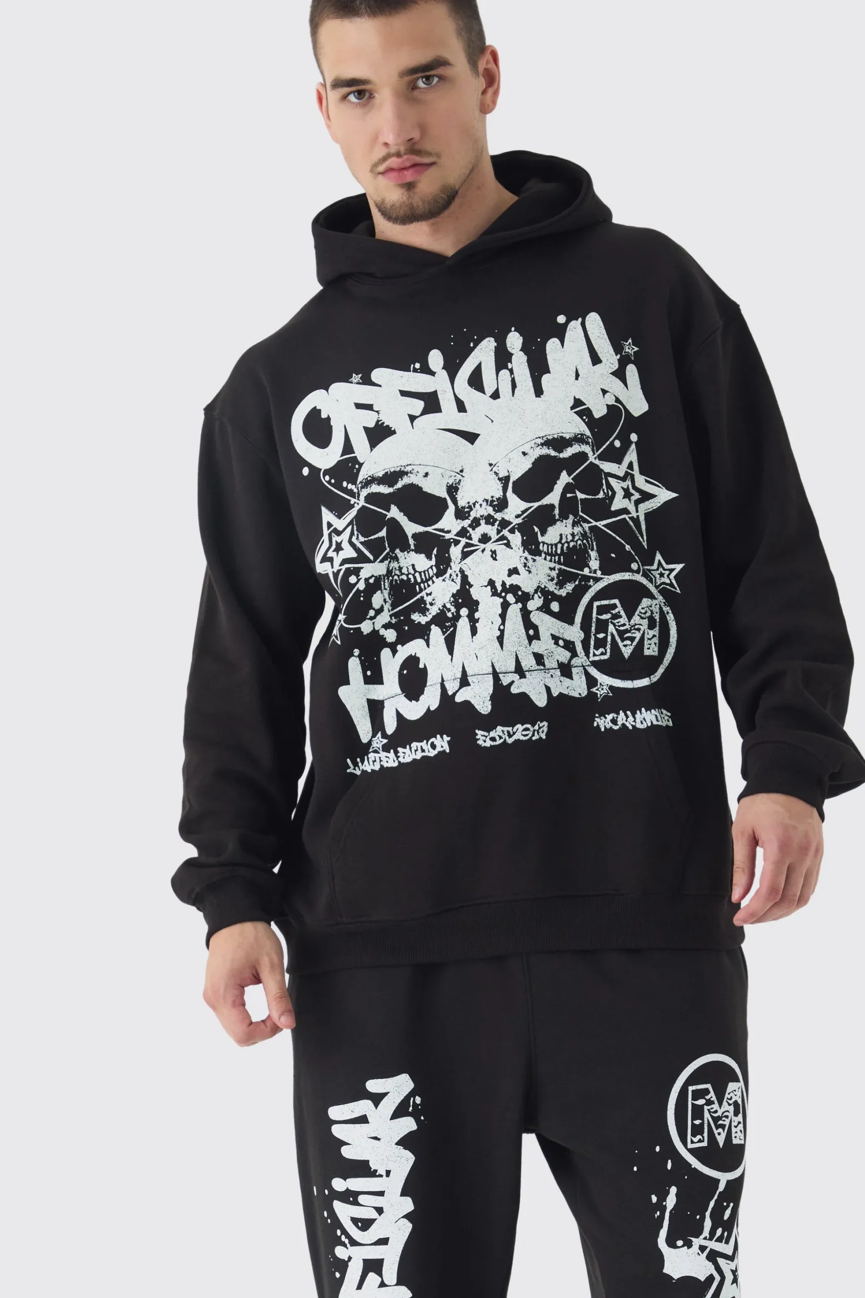 Tall Official Homme Skull Print Oversized Tracksuit In Black | BoohooMAN UK