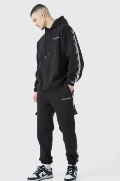 Tall Official Man Tape Cargo Hooded Tracksuit | BoohooMAN UK
