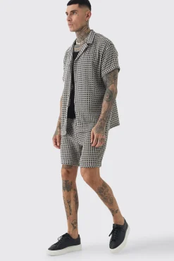 Tall Open Weave Oversized Shirt & Short Set | BoohooMAN UK
