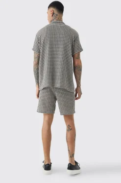 Tall Open Weave Oversized Shirt & Short Set | BoohooMAN UK