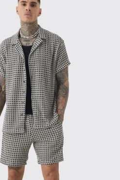 Tall Open Weave Oversized Shirt & Short Set | BoohooMAN UK