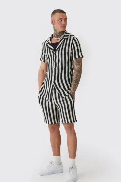 Tall Open Weave Oversized Shirt & Short Set | BoohooMAN UK