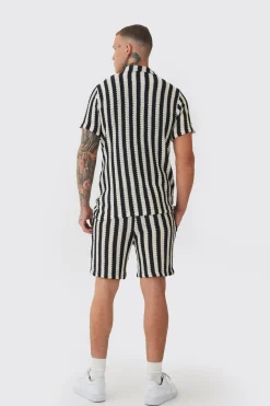 Tall Open Weave Oversized Shirt & Short Set | BoohooMAN UK