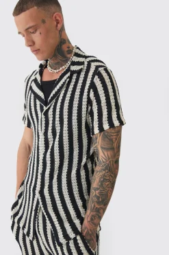 Tall Open Weave Oversized Shirt & Short Set | BoohooMAN UK