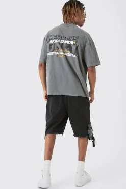 Tall Overdye Wash Worldwide Back Printed T-shirt | BoohooMAN UK