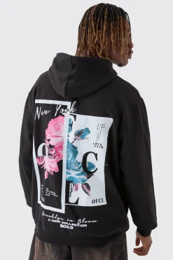 Tall Overdyed Spliced Floral Graphic Oversized Hoodie | BoohooMAN UK