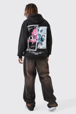 Tall Overdyed Spliced Floral Graphic Oversized Hoodie | BoohooMAN UK