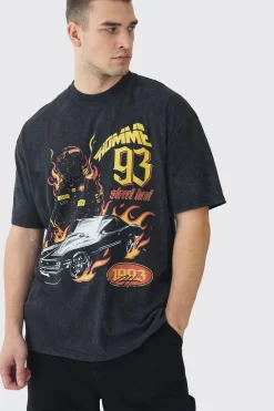 Tall Oversized Acid Washed Moto Print T-Shirt | BoohooMAN UK