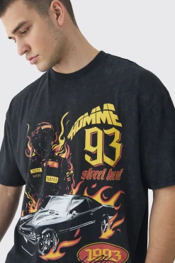 Tall Oversized Acid Washed Moto Print T-Shirt | BoohooMAN UK