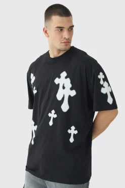 Tall Oversized Airbrush Cross Print T-Shirt | BoohooMAN UK