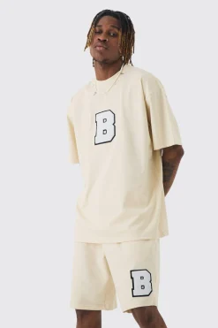 Tall Oversized Applique T-shirt & Short Set | BoohooMAN UK