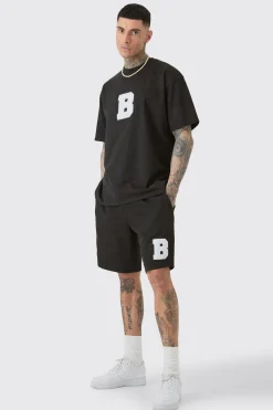 Tall Oversized Applique T-shirt & Short Set | BoohooMAN UK