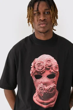 Tall Oversized Balaclava Floral Print T-shirt | BoohooMAN UK