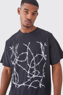 Tall Oversized Barbwire Chest Print T-shirt | BoohooMAN UK