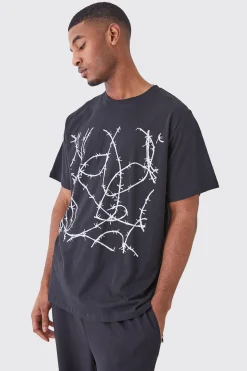 Tall Oversized Barbwire Chest Print T-shirt | BoohooMAN UK